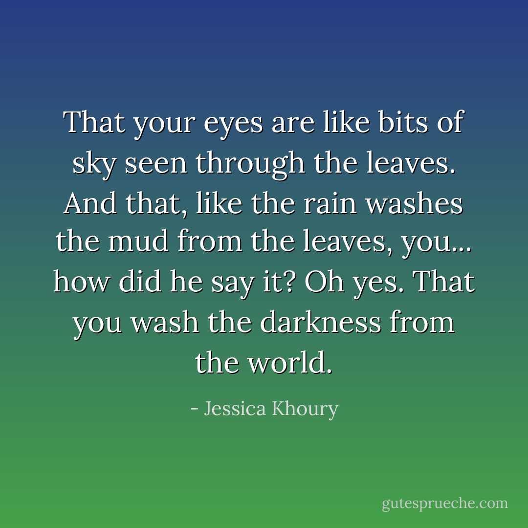That your eyes are like bits of sky seen through the leaves. And that, like the rain washes the mud from the leaves, you... how did he say it? Oh yes. That you wash the darkness from the world. - Jessica Khoury