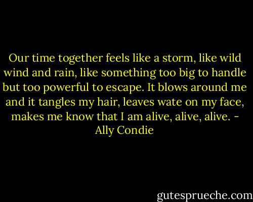 Our time together feels like a storm, like wild wind and rain, like something too big to handle but too powerful to escape. It blows around me and it tangles my hair, leaves wate on my face, makes me know that I am alive, alive, alive. - Ally Condie