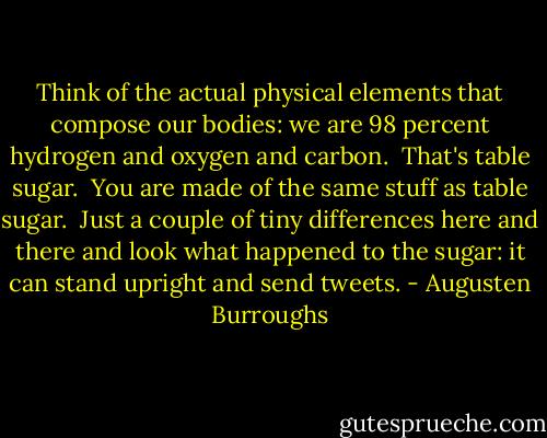 Think of the actual physical elements that compose our bodies: we are 98 percent hydrogen and oxygen and carbon.<br /><br />That's table sugar.<br /><br />You are made of the same stuff as table sugar.<br /><br />Just a couple of tiny differences here and there and look what happened to the sugar: it can stand upright and send tweets. - Augusten Burroughs