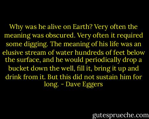 Why was he alive on Earth? Very often the meaning was obscured. Very often it required some digging. The meaning of his life was an elusive stream of water hundreds of feet below the surface, and he would periodically drop a bucket down the well, fill it, bring it up and drink from it. But this did not sustain him for long. - Dave Eggers