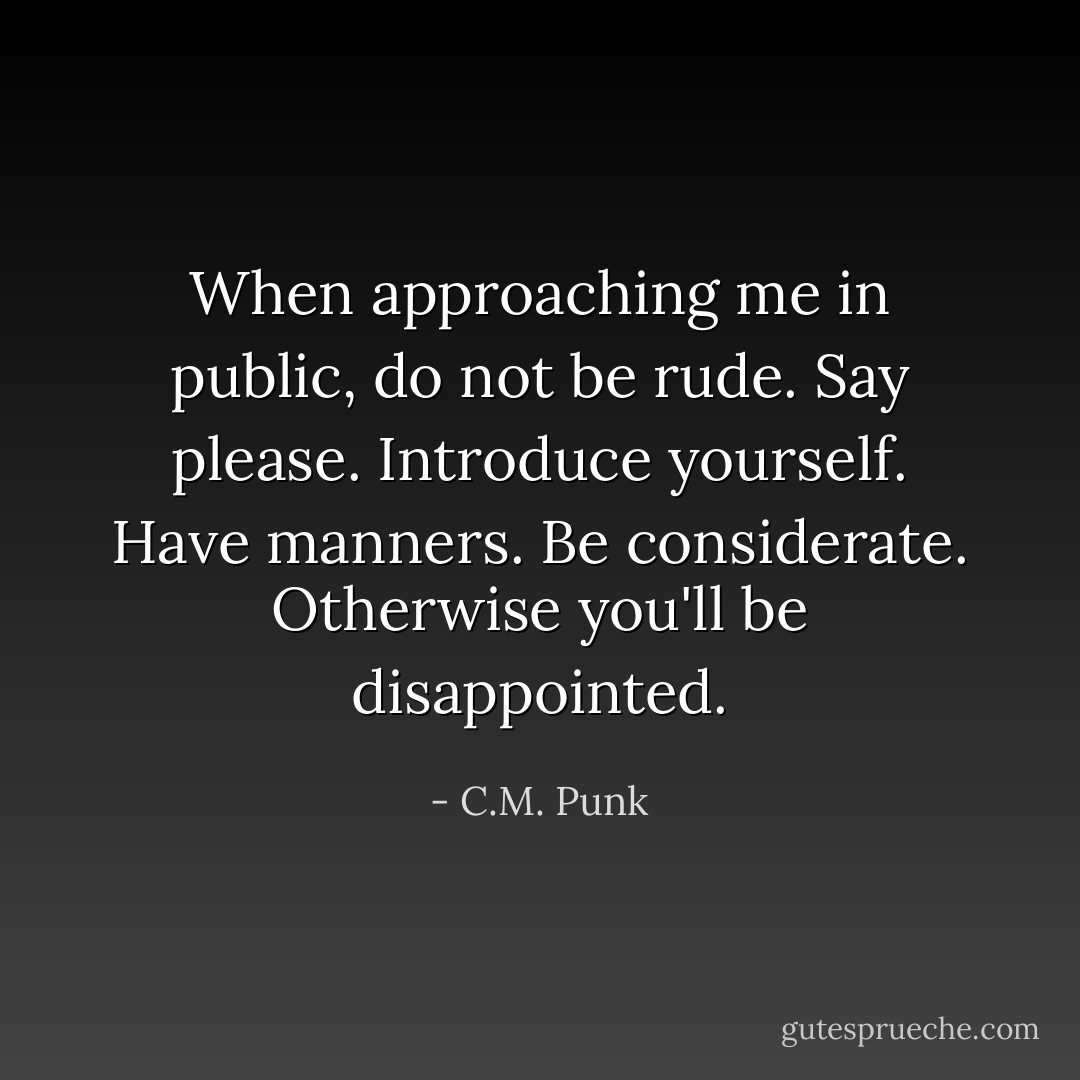 When approaching me in public, do not be rude. Say please. Introduce yourself. Have manners. Be considerate. Otherwise you'll be disappointed. - C.M. Punk