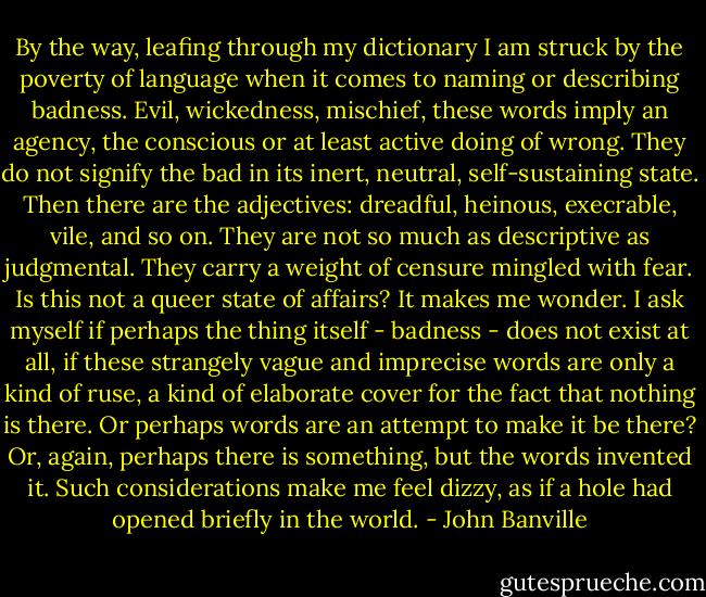 By the way, leafing through my dictionary I am struck by the poverty of language when it comes to naming or describing badness. Evil, wickedness, mischief, these words imply an agency, the conscious or at least active doing of wrong. They do not signify the bad in its inert, neutral, self-sustaining state. Then there are the adjectives: dreadful, heinous, execrable, vile, and so on. They are not so much as descriptive as judgmental. They carry a weight of censure mingled with fear. Is this not a queer state of affairs? It makes me wonder. I ask myself if perhaps the thing itself - badness - does not exist at all, if these strangely vague and imprecise words are only a kind of ruse, a kind of elaborate cover for the fact that nothing is there. Or perhaps words are an attempt to make it be there? Or, again, perhaps there is something, but the words invented it. Such considerations make me feel dizzy, as if a hole had opened briefly in the world. - John Banville