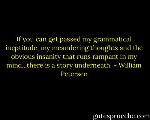 If you can get passed my grammatical ineptitude, my meandering thoughts and the obvious insanity that runs rampant in my mind...there is a story underneath. - William Petersen