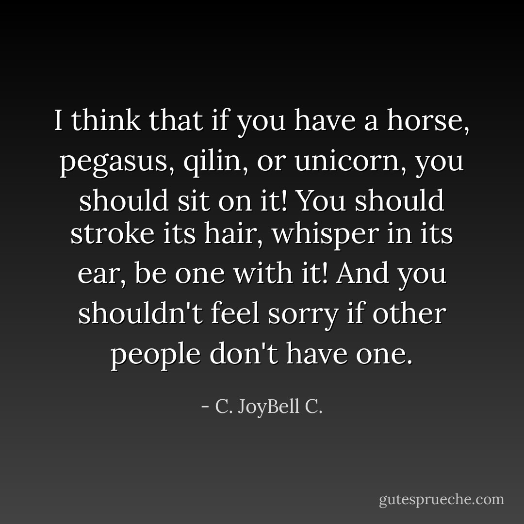 I think that if you have a horse, pegasus, qilin, or unicorn, you should sit on it! You should stroke its hair, whisper in its ear, be one with it! And you shouldn't feel sorry if other people don't have one. - C. JoyBell C.