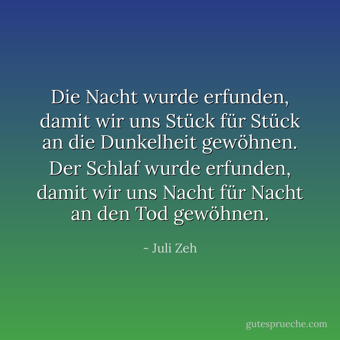 Die Nacht wurde erfunden, damit wir uns Stück für Stück an die Dunkelheit gewöhnen. Der Schlaf wurde erfunden, damit wir uns Nacht für Nacht an den Tod gewöhnen. - Juli Zeh