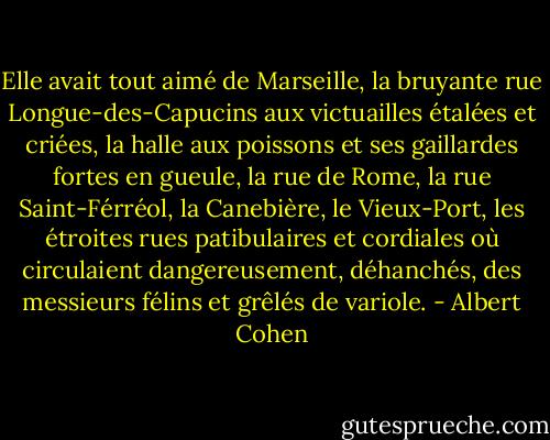 Elle avait tout aimé de Marseille, la bruyante rue Longue-des-Capucins aux victuailles étalées et criées, la halle aux poissons et ses gaillardes fortes en gueule, la rue de Rome, la rue Saint-Férréol, la Canebière, le Vieux-Port, les étroites rues patibulaires et cordiales où circulaient dangereusement, déhanchés, des messieurs félins et grêlés de variole. - Albert Cohen