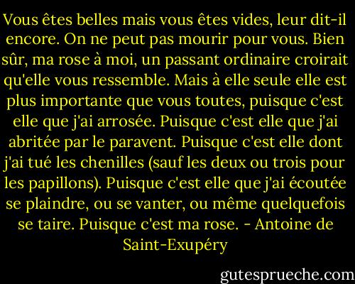 Vous êtes belles mais vous êtes vides, leur dit-il encore. On ne peut pas mourir pour vous. Bien sûr, ma rose à moi, un passant ordinaire croirait qu'elle vous ressemble. Mais à elle seule elle est plus importante que vous toutes, puisque c'est elle que j'ai arrosée. Puisque c'est elle que j'ai abritée par le paravent. Puisque c'est elle dont j'ai tué les chenilles (sauf les deux ou trois pour les papillons). Puisque c'est elle que j'ai écoutée se plaindre, ou se vanter, ou même quelquefois se taire. Puisque c'est ma rose. - Antoine de Saint-Exupéry
