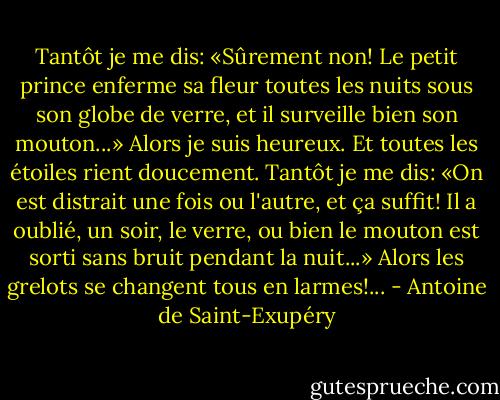 Tantôt je me dis: «Sûrement non! Le petit prince enferme sa fleur toutes les nuits sous son globe de verre, et il surveille bien son mouton...» Alors je suis heureux. Et toutes les étoiles rient doucement.<br />Tantôt je me dis: «On est distrait une fois ou l'autre, et ça suffit! Il a oublié, un soir, le verre, ou bien le mouton est sorti sans bruit pendant la nuit...» Alors les grelots se changent tous en larmes!... - Antoine de Saint-Exupéry