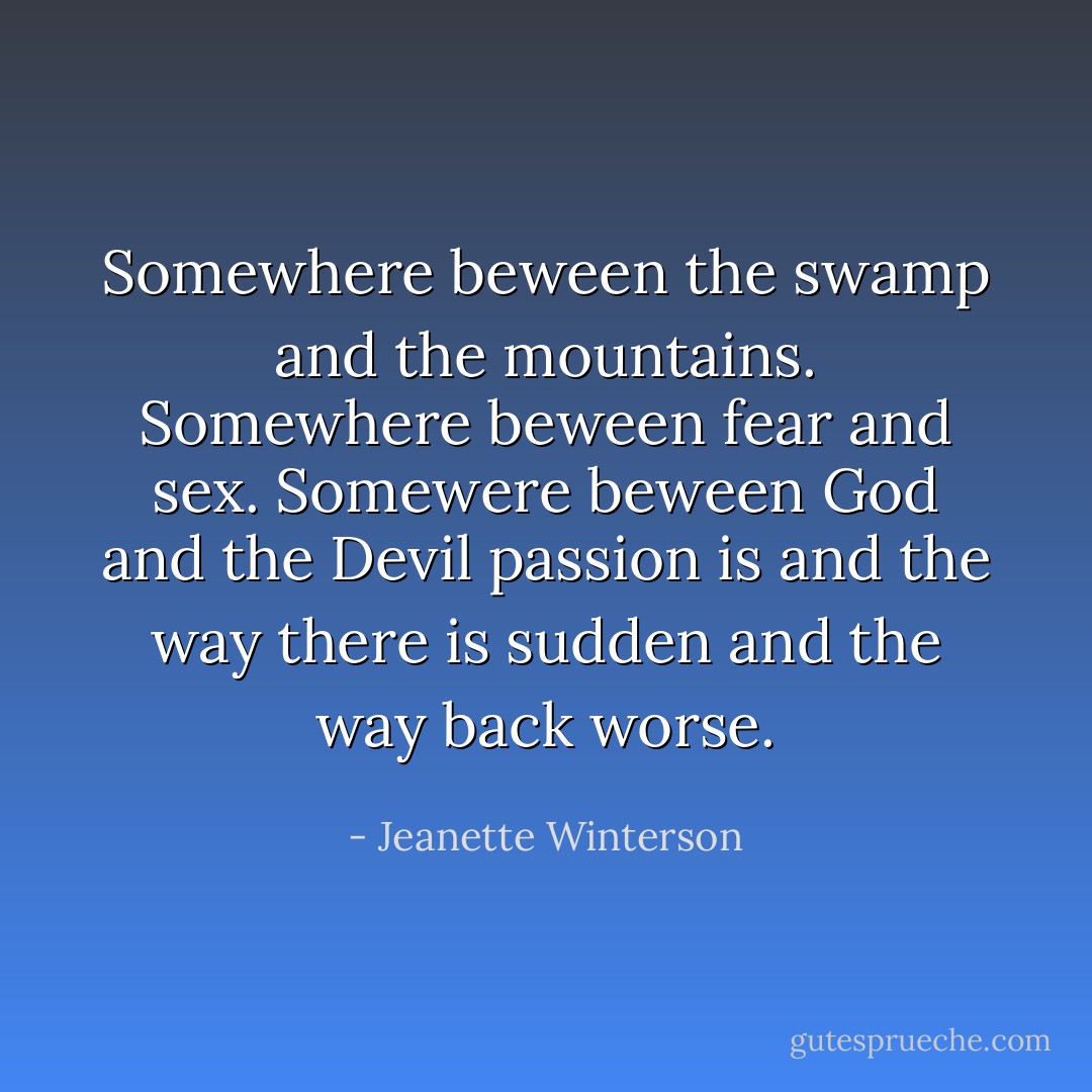 Somewhere beween the swamp and the mountains. Somewhere beween fear and sex. Somewere beween God and the Devil passion is and the way there is sudden and the way back worse. - Jeanette Winterson