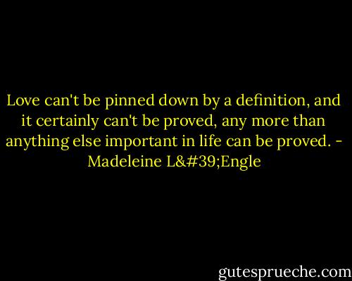Love can't be pinned down by a definition, and it certainly can't be proved, any more than anything else important in life can be proved. - Madeleine L'Engle