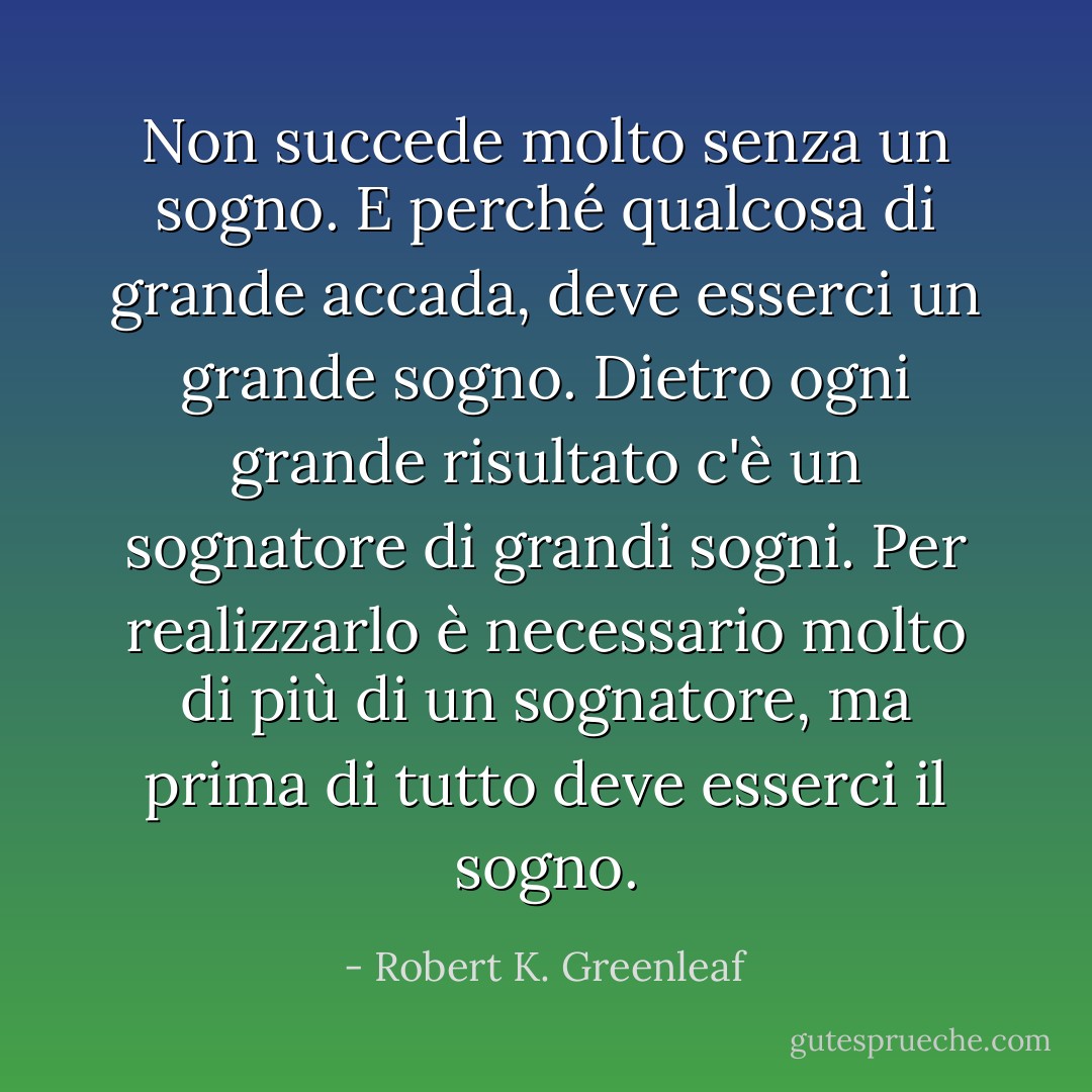 Non succede molto senza un sogno. E perché qualcosa di grande accada, deve esserci un grande sogno. Dietro ogni grande risultato c'è un sognatore di grandi sogni. Per realizzarlo è necessario molto di più di un sognatore, ma prima di tutto deve esserci il sogno. - Robert K. Greenleaf