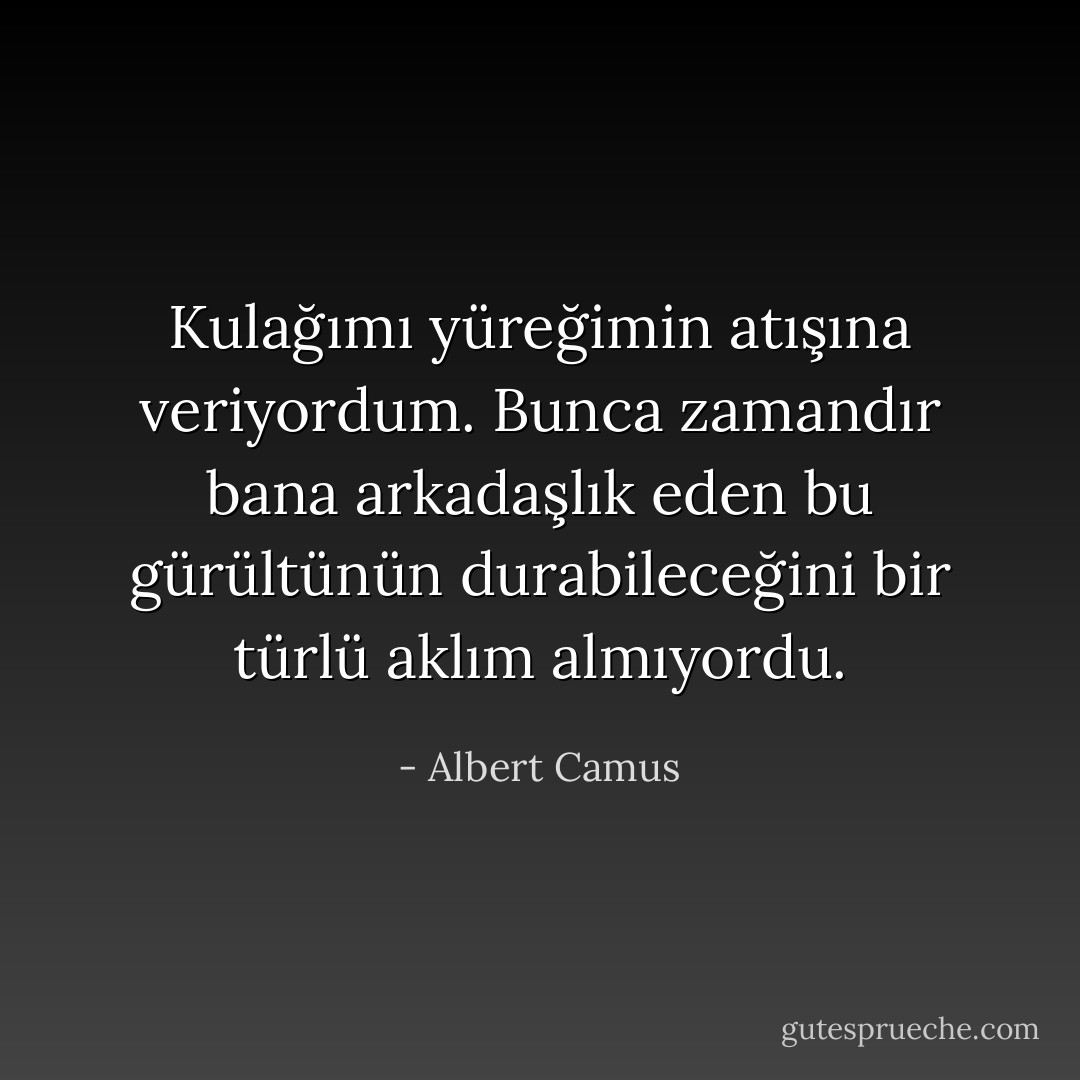 Kulağımı yüreğimin atışına veriyordum. Bunca zamandır bana arkadaşlık eden bu gürültünün durabileceğini bir türlü aklım almıyordu. - Albert Camus