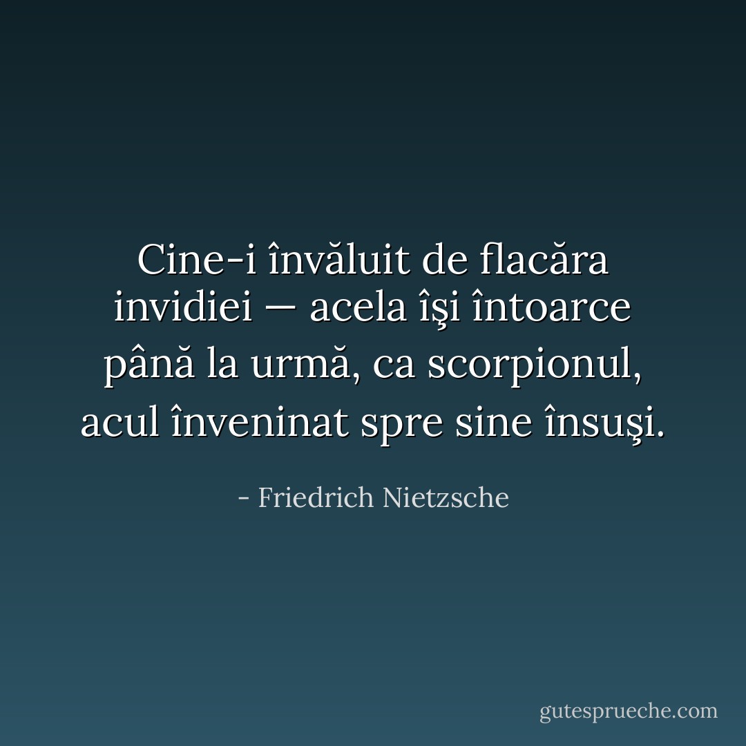 Cine-i învăluit de flacăra invidiei — acela îşi întoarce până la urmă, ca scorpionul, acul înveninat spre sine însuşi. - Friedrich Nietzsche