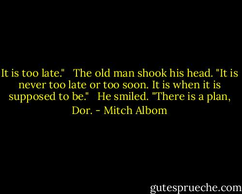 It is too late." <br /><br />The old man shook his head. "It is never too late or too soon. It is when it is supposed to be." <br /><br />He smiled. "There is a plan, Dor. - Mitch Albom