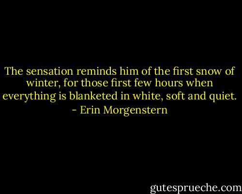 The sensation reminds him of the first snow of winter, for those first few hours when everything is blanketed in white, soft and quiet. - Erin Morgenstern