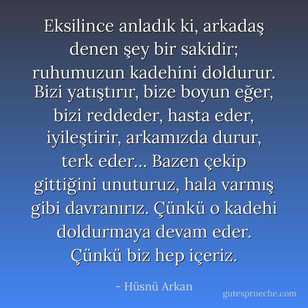 Eksilince anladık ki, arkadaş denen şey bir sakidir; ruhumuzun kadehini doldurur. Bizi yatıştırır, bize boyun eğer, bizi reddeder, hasta eder, iyileştirir, arkamızda durur, terk eder… Bazen çekip gittiğini unuturuz, hala varmış gibi davranırız. Çünkü o kadehi doldurmaya devam eder. Çünkü biz hep içeriz. - Hüsnü Arkan