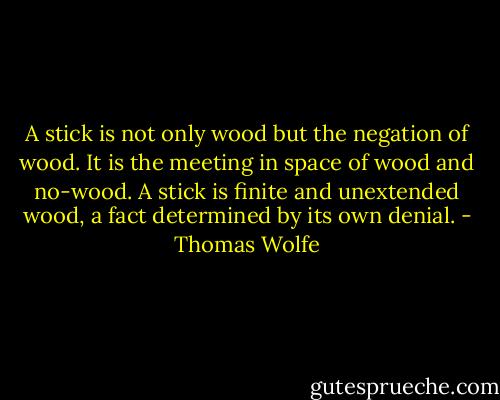 A stick is not only wood but the negation of wood. It is the meeting in space of wood and no-wood. A stick is finite and unextended wood, a fact determined by its own denial. - Thomas Wolfe