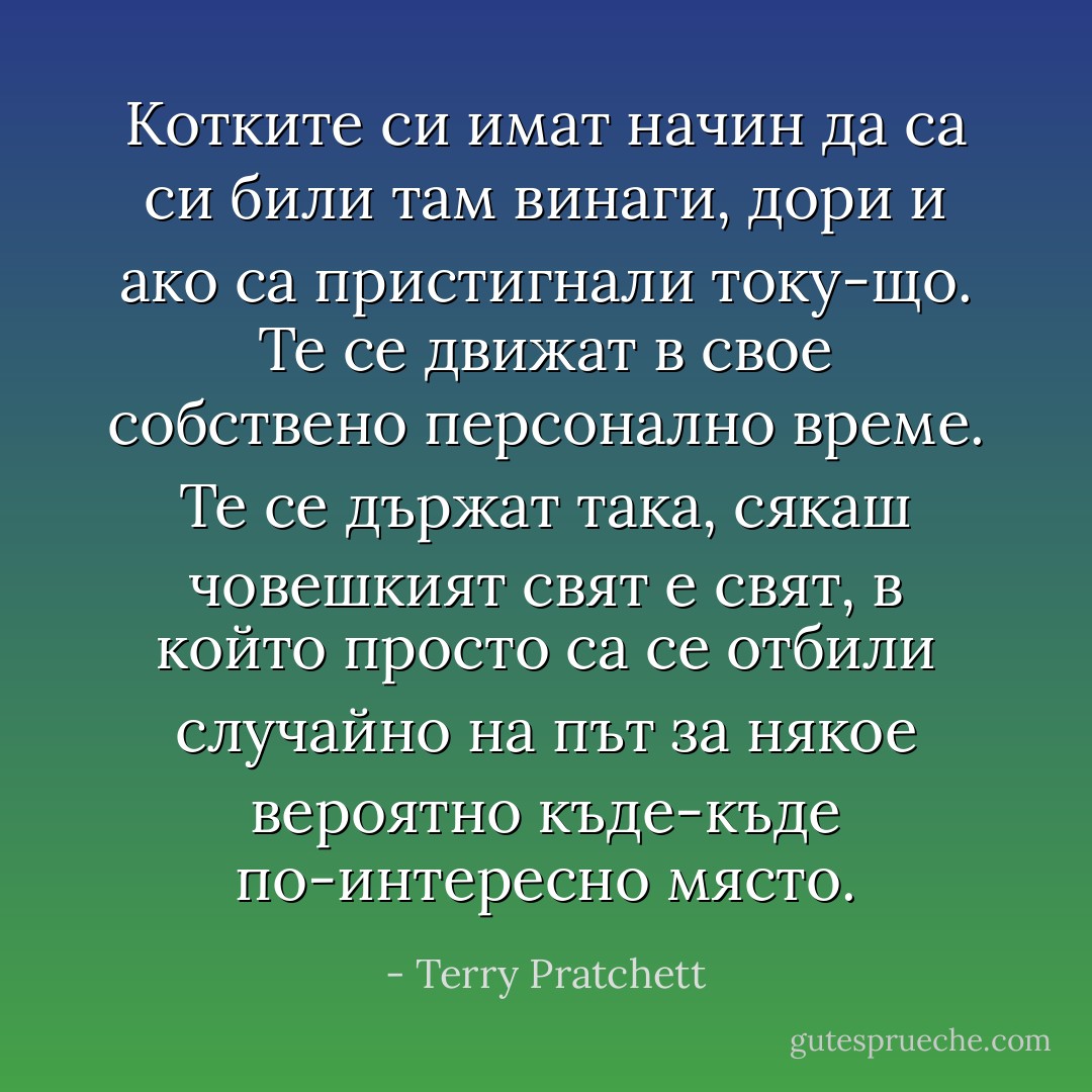 Котките си имат начин да са си били там винаги, дори и ако са пристигнали току-що. Те се движат в свое собствено персонално време. Те се държат така, сякаш човешкият свят е свят, в който просто са се отбили случайно на път за някое вероятно къде-къде по-интересно място. - Terry Pratchett