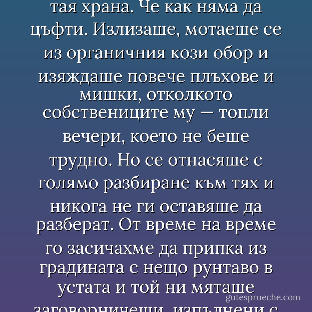 Зелената биоорганична екологична котка<br />Този тип съществува поне от шейсетте години насам. Можете да си спомните истории за котки, хранени със сладка царевица и авокадо (да бе, вярно — едно тукашно магазинче за домашни любимци продава вегетарианска кучешка храна). И наистина, щом останалите от семейството са хванали пътя към вътрешната цялост, ако в хладилника се мотаят консерви със смлени вътрешности, цялата холистична работа отива на кино.<br /><br />Имахме едни приятели вегани[1] които се оправяха с консервата с котешка храна по същия начин, по който хората в Селафийлд се оправят с нещата, които започват да цъкат. В крайна сметка изработиха вегетарианска диета, включваща като глезотия от време на време риба. Котаракът им беше млад сиамец. Направо цъфтеше от тая храна. Че как няма да цъфти. Излизаше, мотаеше се из органичния кози обор и изяждаше повече плъхове и мишки, отколкото собствениците му — топли вечери, което не беше трудно. Но се отнасяше с голямо разбиране към тях и никога не ги оставяше да разберат. От време на време го засичахме да припка из градината с нещо рунтаво в устата и той ни мяташе заговорничещи, изпълнени с неудобство погледи, като методистки свещеник, спипан да си пийва биричка.<br /><br /> <br /><br />Всъщност котките са природно Зелени животни. В края на краищата:<br /><br />а) Никоя котка никога не е използвала аерозолен спрей. Спрей може и да е използвала, ама не аерозолен. Озоновият слой е в пълна безопасност от котките.<br /><br />б) Котките не ловят тюлени. Щяха да ги ловят, ако знаеха какво са тюлените и къде да ги намерят. Но те не знаят, така че всичко е наред.<br /><br />в) Същото е и с китовете. Хората може и да са хранили котки с кит, но котките не са го знаели. И смлян китоловец също щеше да им дойде толкова добре.<br /><br />г) Антарктика? Котките с най-голяма радост биха я оставили на мира.<br /><br /> <br /><br />Разбира се, те си имат и отрицателни страни:<br /><br />а) Всички котки държат да носят палта от естествена кожа… - Terry Pratchett