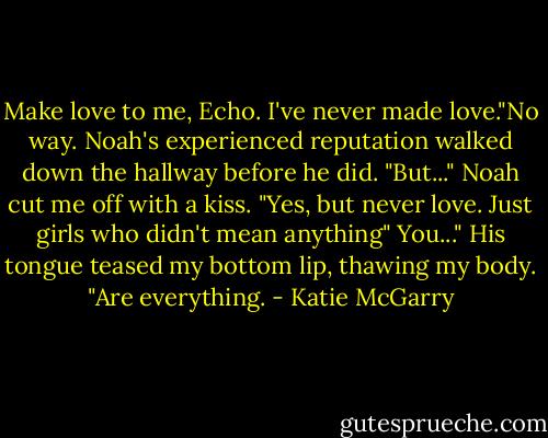 Make love to me, Echo. I've never made love."No way. Noah's experienced reputation walked down the hallway before he did. "But..."<br />Noah cut me off with a kiss. "Yes, but never love. Just girls who didn't mean anything" You..." His tongue teased my bottom lip, thawing my body. "Are everything. - Katie McGarry
