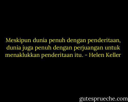 Meskipun dunia penuh dengan penderitaan, dunia juga penuh dengan perjuangan untuk menaklukkan penderitaan itu. - Helen Keller