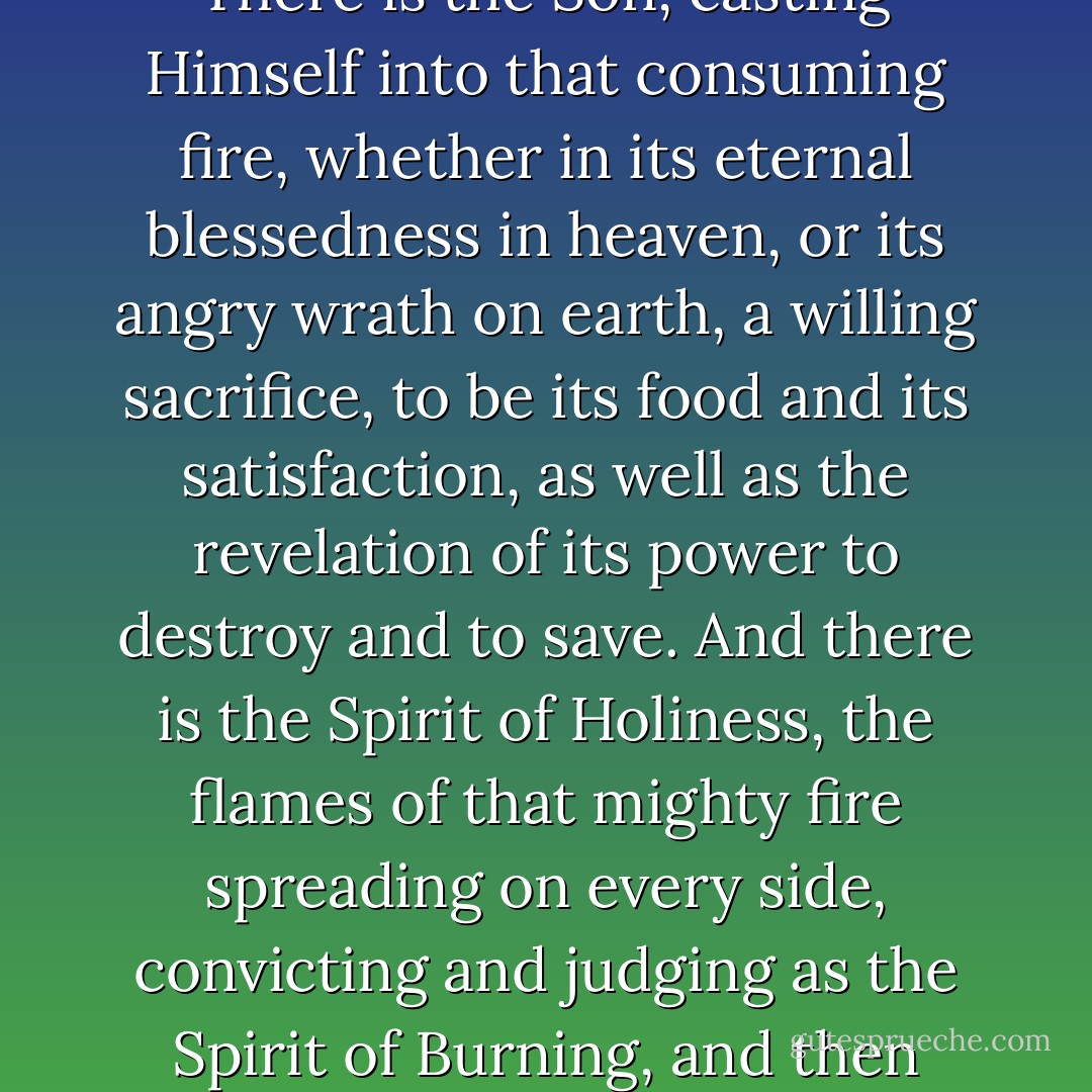 [T]he mystery of the Trinity is the mystery of Holiness: the Glory and the Power of the Trinity is the Glory and Power of God who makes us holy. There is God dwelling in light inaccessibly, a consuming fire of Holy Love, destroying all that resists, glorifying into its own purity all that yields. There is the Son, casting Himself into that consuming fire, whether in its eternal blessedness in heaven, or its angry wrath on earth, a willing sacrifice, to be its food and its satisfaction, as well as the revelation of its power to destroy and to save. And there is the Spirit of Holiness, the flames of that mighty fire spreading on every side, convicting and judging as the Spirit of Burning, and then transforming into its own brightness and holiness all that it can reach. All the relations of the Three Persons to each other and to us have their root and their meaning in the revelation of God as the Holy One. As we know and partake of Him, we shall know and partake of Holiness. - Andrew Murray
