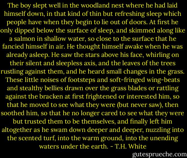 The boy slept well in the woodland nest where he had laid himself down, in that kind of thin but refreshing sleep which people have when they begin to lie out of doors. At first he only dipped below the surface of sleep, and skimmed along like a salmon in shallow water, so close to the surface that he fancied himself in air. He thought himself awake when he was already asleep. He saw the stars<br />above his face, whirling on their silent and sleepless axis, and the leaves of the trees rustling against them, and he heard small changes in the grass. These little noises of footsteps and soft-fringed wing-beats and stealthy bellies drawn over the grass blades or rattling against the bracken at first frightened or interested him, so that he moved to see what they were (but never saw), then soothed him, so that he no longer cared to see what they were but trusted them to be themselves, and finally left him altogether as he swam down deeper and deeper, nuzzling into the scented turf, into the warm ground, into the unending waters under the earth. - T.H. White