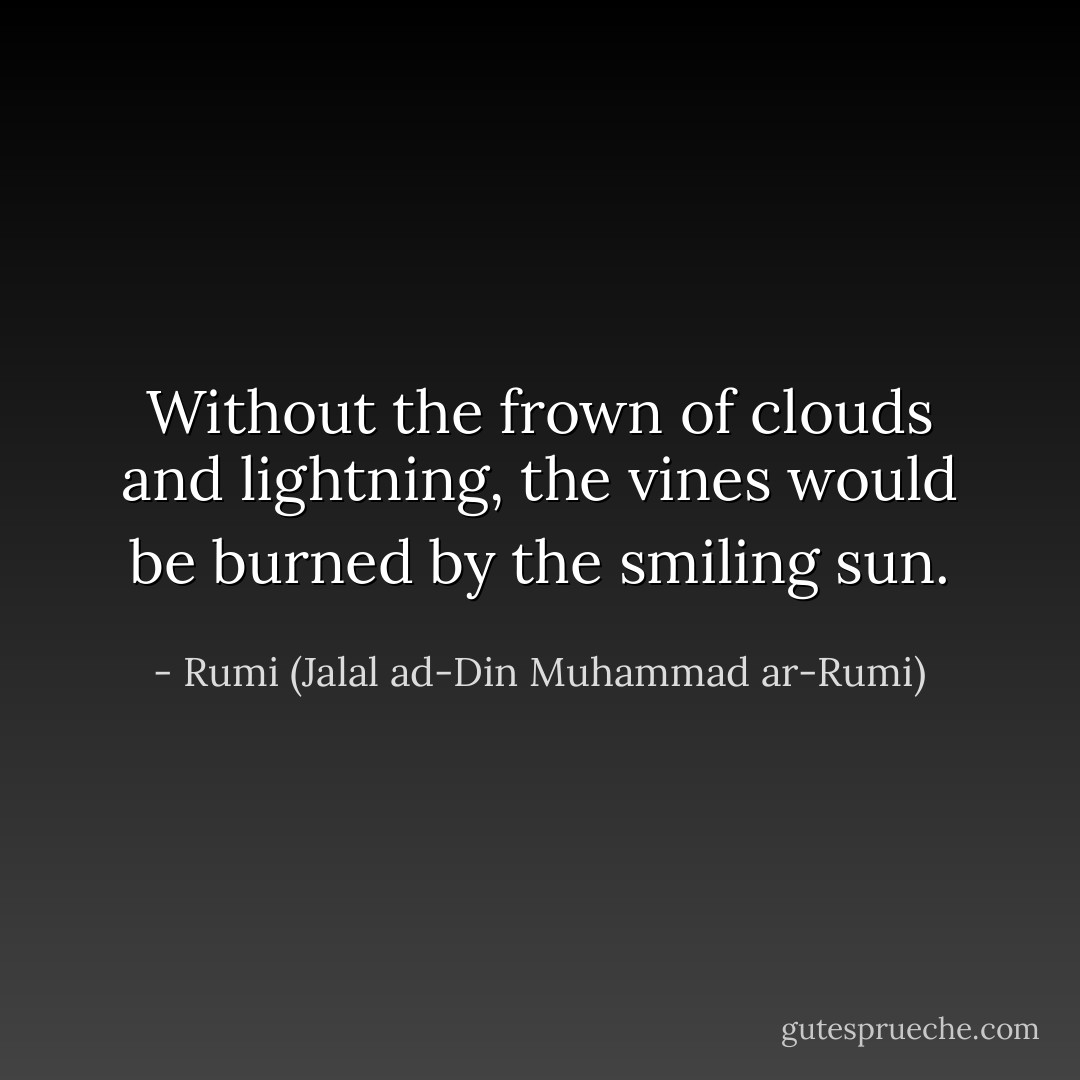 Without the frown of clouds and lightning, the vines would be burned by the smiling sun. - Rumi (Jalal ad-Din Muhammad ar-Rumi)