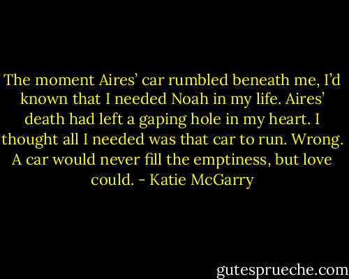 The moment Aires’ car rumbled beneath me, I’d known that I needed Noah in my life. Aires’ death had left a gaping hole in my heart. I thought all I needed was that car to run. Wrong. A car would never fill the emptiness, but love could. - Katie McGarry