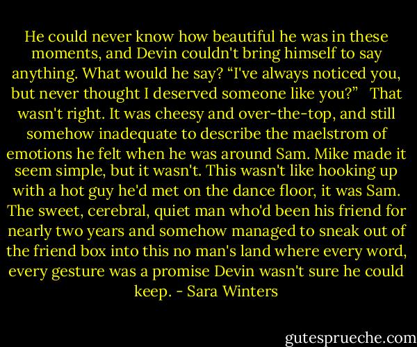 He could never know how beautiful he was in these moments, and Devin couldn't bring himself to say anything. What would he say? “I've always noticed you, but never thought I deserved someone like you?” <br /><br />That wasn't right. It was cheesy and over-the-top, and still somehow inadequate to describe the maelstrom of emotions he felt when he was around Sam. Mike made it seem simple, but it wasn't. This wasn't like hooking up with a hot guy he'd met on the dance floor, it was Sam. The sweet, cerebral, quiet man who'd been his friend for nearly two years and somehow managed to sneak out of the friend box into this no man's land where every word, every gesture was a promise Devin wasn't sure he could keep. - Sara Winters