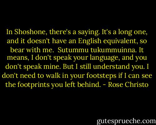 In Shoshone, there's a saying. It's a long one, and it doesn't have an English equivalent, so bear with me.<br /><br />Sutummu tukummuinna. It means, I don't speak your language, and you don't speak mine. But I still understand you. I don't need to walk in your footsteps if I can see the footprints you left behind. - Rose Christo