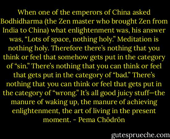 When one of the emperors of China asked Bodhidharma (the Zen master who brought Zen from India to China) what enlightenment was, his answer was, “Lots of space, nothing holy.” Meditation is nothing holy. Therefore there’s nothing that you think or feel that somehow gets put in the category of “sin.” There’s nothing that you can think or feel that gets put in the category of “bad.” There’s nothing that you can think or feel that gets put in the category of “wrong.” It’s all good juicy stuff—the manure of waking up, the manure of achieving enlightenment, the art of living in the present moment. - Pema Chödrön