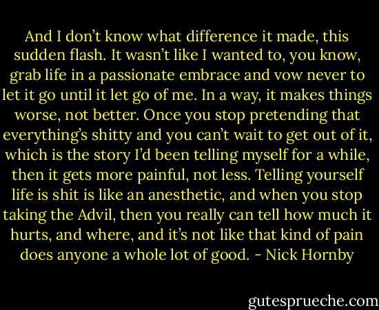 And I don’t know what difference it made, this sudden flash. It wasn’t like I wanted to, you know, grab life in a passionate embrace and vow never to let it go until it let go of me. In a way, it makes things worse, not better. Once you stop pretending that everything’s shitty and you can’t wait to get out of it, which is the story I’d been telling myself for a while, then it gets more painful, not less. Telling yourself life is shit is like an anesthetic, and when you stop taking the Advil, then you really can tell how much it hurts, and where, and it’s not like that kind of pain does anyone a whole lot of good. - Nick Hornby