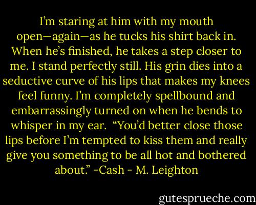 I’m staring at him with my mouth open—again—as he tucks his shirt back in. When he’s finished, he takes a step closer to me. I stand perfectly still. His grin dies into a seductive curve of his lips that makes my knees feel funny. I’m completely spellbound and embarrassingly turned on when he bends to whisper in my ear.<br /> “You’d better close those lips before I’m tempted to kiss them and really give you something to be all hot and bothered about.” -Cash - M. Leighton