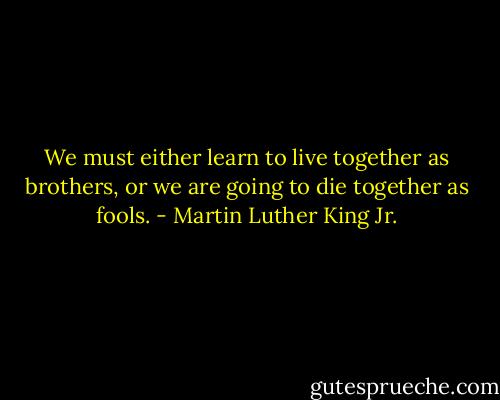 We must either learn to live together as brothers, or we are going to die together as fools. - Martin Luther King Jr.