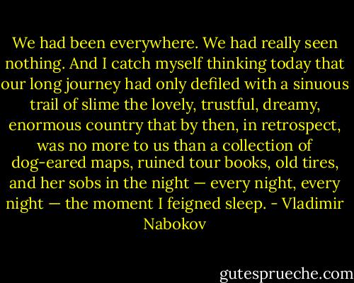 We had been everywhere. We had really seen nothing. And I catch myself thinking today that our long journey had only defiled with a sinuous trail of slime the lovely, trustful, dreamy, enormous country that by then, in retrospect, was no more to us than a collection of dog-eared maps, ruined tour books, old tires, and her sobs in the night — every night, every night — the moment I feigned sleep. - Vladimir Nabokov