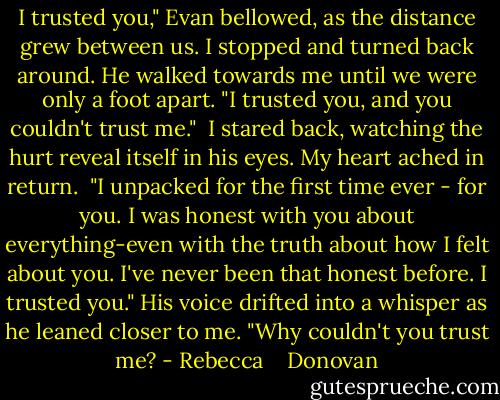 I trusted you," Evan bellowed, as the distance grew between us. I stopped and turned back around. He walked towards me until we were only a foot apart. "I trusted you, and you couldn't trust me."<br /> I stared back, watching the hurt reveal itself in his eyes. My heart ached in return.<br /> "I unpacked for the first time ever - for you. I was honest with you about everything-even with the truth about how I felt about you. I've never been that honest before. I trusted you." His voice drifted into a whisper as he leaned closer to me. "Why couldn't you trust me? - Rebecca    Donovan
