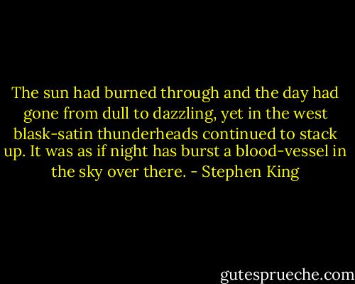 The sun had burned through and the day had gone from dull to dazzling, yet in the west blask-satin thunderheads continued to stack up. It was as if night has burst a blood-vessel in the sky over there. - Stephen King