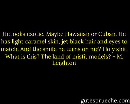 He looks exotic. Maybe Hawaiian or Cuban. He has light caramel skin, jet black hair and eyes to match. And the smile he turns on me? Holy shit.<br />What is this? The land of misfit models? - M. Leighton