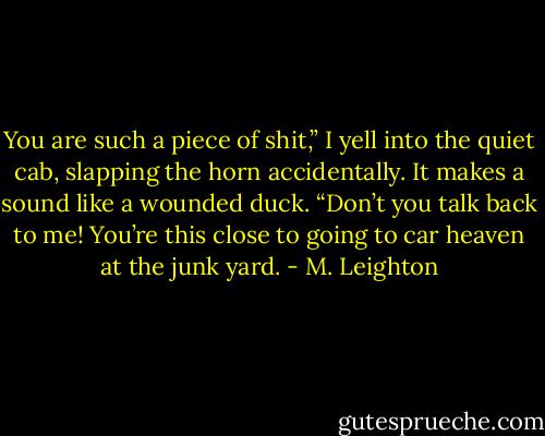 You are such a piece of shit,” I yell into the quiet cab, slapping the horn accidentally. It makes a sound like a wounded duck. “Don’t you talk back to me! You’re this close to going to car heaven at the junk yard. - M. Leighton