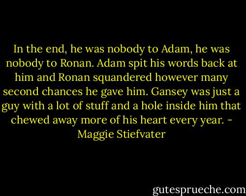 In the end, he was nobody to Adam, he was nobody to Ronan. Adam spit his words back at him and Ronan squandered however many second chances he gave him. Gansey was just a guy with a lot of stuff and a hole inside him that chewed away more of his heart every year. - Maggie Stiefvater