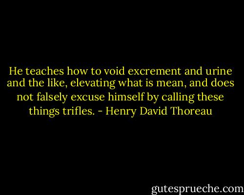 He teaches how to void excrement and urine and the like, elevating what is mean, and does not falsely excuse himself by calling these things trifles. - Henry David Thoreau