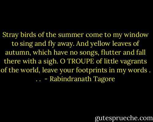Stray birds of the summer come to my window to sing and fly away.<br />And yellow leaves of autumn, which have no songs, flutter and fall there with a sigh.<br />O TROUPE of little vagrants of the world, leave your footprints in my words . . .  - Rabindranath Tagore