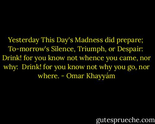 Yesterday This Day's Madness did prepare; <br />To-morrow's Silence, Triumph, or Despair: <br />Drink! for you know not whence you came, nor why: <br />Drink! for you know not why you go, nor where. - Omar Khayyám
