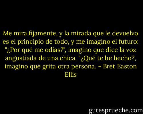Me mira fijamente, y la mirada que le devuelvo es el principio de todo, y me imagino el futuro: "¿Por qué me odias?", imagino que dice la voz angustiada de una chica. "¿Qué te he hecho?, imagino que grita otra persona. - Bret Easton Ellis