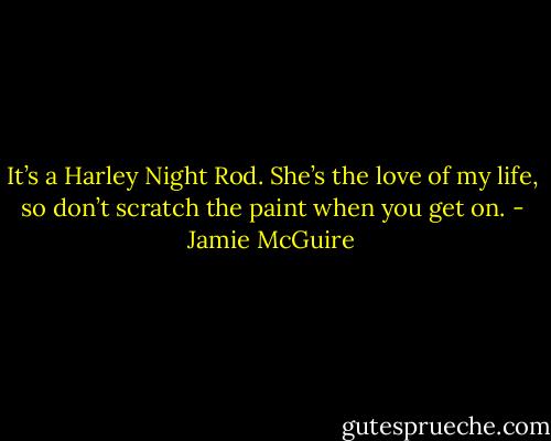 It’s a Harley Night Rod. She’s the love of my life, so don’t scratch the paint when you get on. - Jamie McGuire