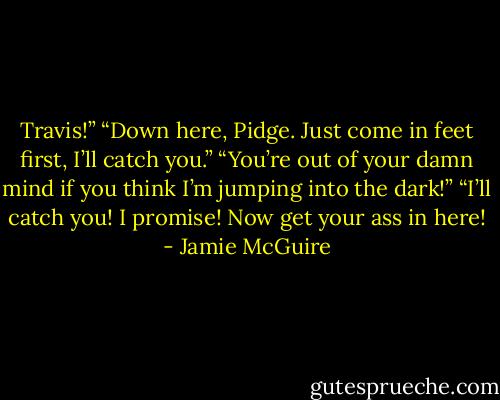 Travis!”<br />“Down here, Pidge. Just come in feet first, I’ll catch you.”<br />“You’re out of your damn mind if you think I’m jumping into the dark!”<br />“I’ll catch you! I promise! Now get your ass in here! - Jamie McGuire