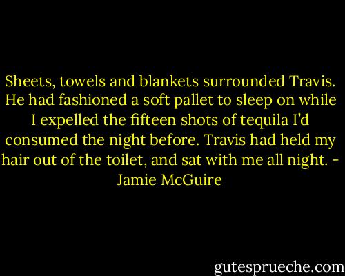 Sheets, towels and blankets surrounded Travis. He had fashioned a soft pallet to sleep on while I expelled the fifteen shots of tequila I’d consumed the night before. Travis had held my hair out of the toilet, and sat with me all night. - Jamie McGuire
