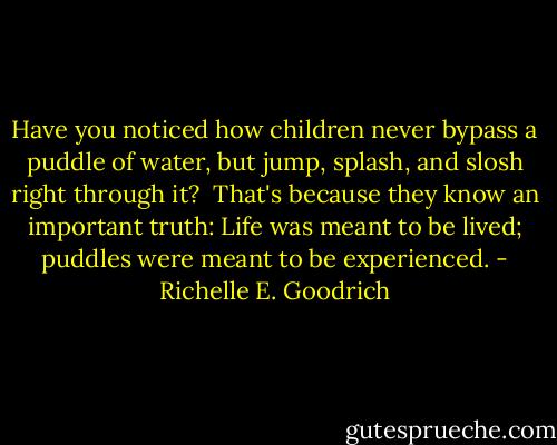 Have you noticed how children never bypass a puddle of water, but jump, splash, and slosh right through it?  That's because they know an important truth: Life was meant to be lived; puddles were meant to be experienced. - Richelle E. Goodrich