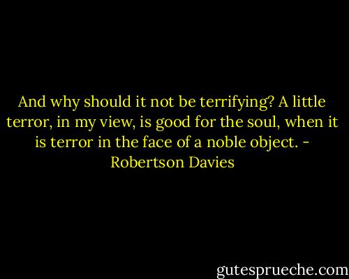 And why should it not be terrifying? A little terror, in my view, is good for the soul, when it is terror in the face of a noble object. - Robertson Davies